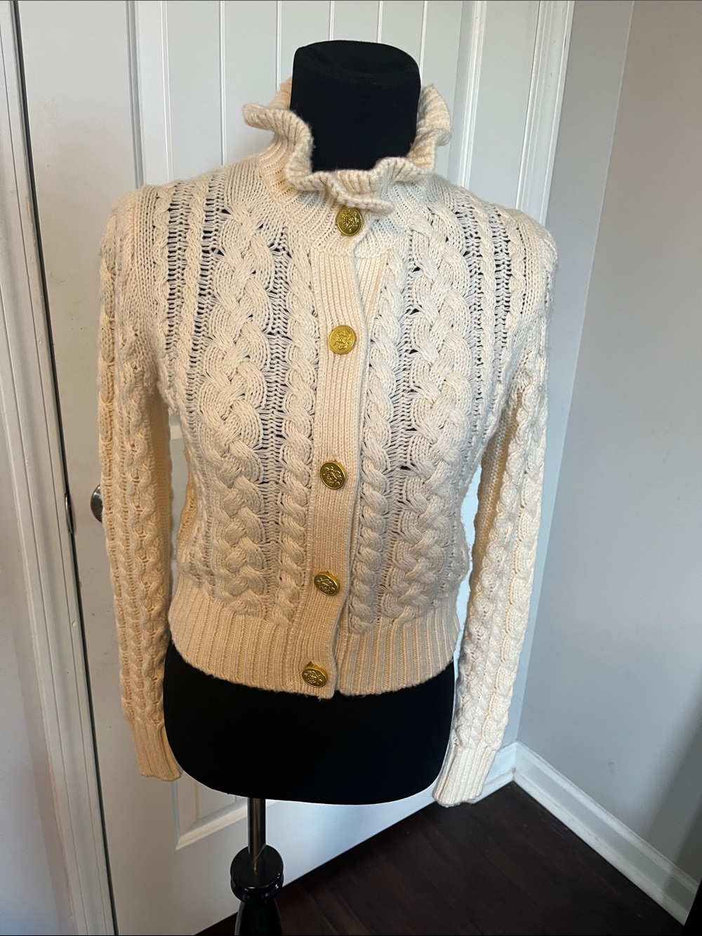 J. Crew Cream Cable-Knit Ruffle Collar Cardigan with Gold Buttons - Picture 4 of 5